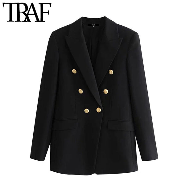 TRAF Women Double Breasted Black Blazer Coat Vintage Long Sleeve Pockets Female Outerwear Chic Veste Femme