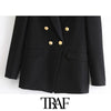 TRAF Women Double Breasted Black Blazer Coat Vintage Long Sleeve Pockets Female Outerwear Chic Veste Femme