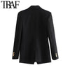 TRAF Women Double Breasted Black Blazer Coat Vintage Long Sleeve Pockets Female Outerwear Chic Veste Femme