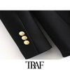 TRAF Women Double Breasted Black Blazer Coat Vintage Long Sleeve Pockets Female Outerwear Chic Veste Femme