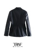 TRAF Women Double Breasted Faux Leather Blazer Coat Vintage Long Sleeve Flap Pockets Female Outerwear Chic Vestes