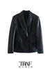 TRAF Women Double Breasted Faux Leather Blazer Coat Vintage Long Sleeve Flap Pockets Female Outerwear Chic Vestes