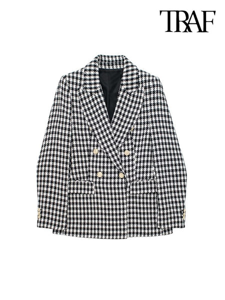 TRAF Women Double Breasted Houndstooth Blazer Coat Vintage Long Sleeve Flap Pockets Female Outerwear Chic Vestes