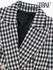 TRAF Women Double Breasted Houndstooth Blazer Coat Vintage Long Sleeve Flap Pockets Female Outerwear Chic Vestes