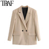 TRAF Women Double Breasted Loose Fitting Blazer Coat Vintage Long Sleeve Pockets Female Outerwear Chic Tops