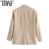 TRAF Women Double Breasted Loose Fitting Blazer Coat Vintage Long Sleeve Pockets Female Outerwear Chic Tops