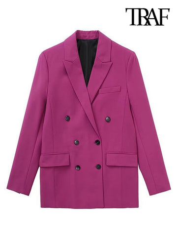 TRAF Women Double Breasted Masculine Blazer Coat Vintage Long Sleeve Flap Pockets Female Outerwear Chic Veste Femme