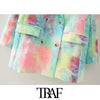 TRAF Women Double Breasted Tie-dye Print Blazer Coat Vintage Long Sleeve Pockets Female Outerwear Chic Tops