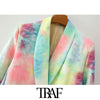 TRAF Women Double Breasted Tie-dye Print Blazer Coat Vintage Long Sleeve Pockets Female Outerwear Chic Tops