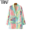 TRAF Women Double Breasted Tie-dye Print Blazer Coat Vintage Long Sleeve Pockets Female Outerwear Chic Tops
