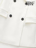 TRAF Women Double Breasted White Blazer Coat Vintage Long Sleeve Flap Pockets Female Outerwear Chic Veste Femme