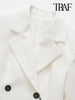 TRAF Women Double Breasted White Blazer Coat Vintage Long Sleeve Flap Pockets Female Outerwear Chic Veste Femme