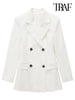 TRAF Women Double Breasted White Blazer Coat Vintage Long Sleeve Flap Pockets Female Outerwear Chic Veste Femme