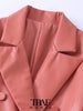 TRAF Women Faux Leather Double Breasted Blazer Coat Vintage Long Sleeve Flap Pockets Female Outerwear Chic Veste