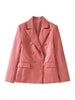 TRAF Women Faux Leather Double Breasted Blazer Coat Vintage Long Sleeve Flap Pockets Female Outerwear Chic Veste