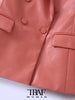 TRAF Women Faux Leather Double Breasted Blazer Coat Vintage Long Sleeve Flap Pockets Female Outerwear Chic Veste