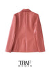 TRAF Women Faux Leather Double Breasted Blazer Coat Vintage Long Sleeve Flap Pockets Female Outerwear Chic Veste