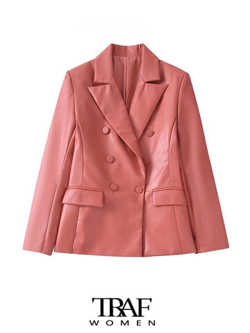TRAF Women Faux Leather Double Breasted Blazer Coat Vintage Long Sleeve Flap Pockets Female Outerwear Chic Veste