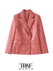 TRAF Women Faux Leather Double Breasted Blazer Coat Vintage Long Sleeve Flap Pockets Female Outerwear Chic Veste