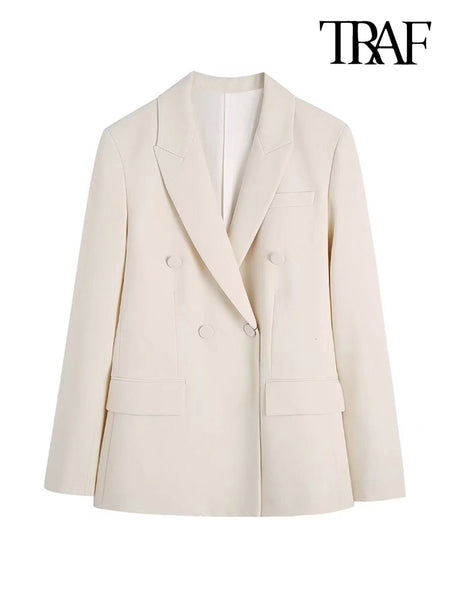 TRAF Women Fitted Double Breasted Blazer Coat Vintage Long Sleeve Flap Pockets Female Outerwear Chic Veste Femme