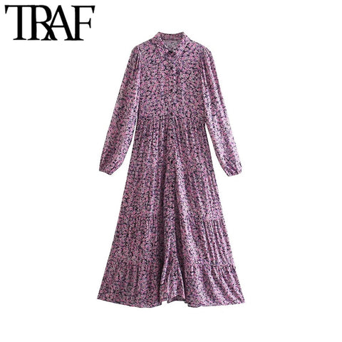 TRAF Women Floral Print Pleated Midi Dress Vintage Long Sleeve Button-up Female Dresses Vestidos Mujer