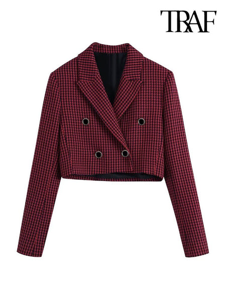 TRAF Women Font Buttons Cropped Houndstooth Blazer Coat Vintage Long Sleeve Female Outerwear Chic Veste Femme