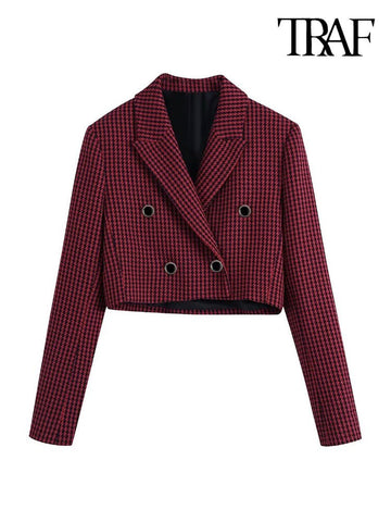 TRAF Women Font Buttons Cropped Houndstooth Blazer Coat Vintage Long Sleeve Female Outerwear Chic Veste Femme