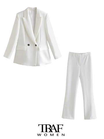 TRAF Women Loose Fitting Double Breasted Blazer Coat Vintage Long Sleeve Flap Pockets Female Outerwear Chic Veste