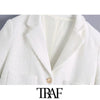 TRAF Women Metal Button Tweed Cropped White Blazer Coat Vintage Short Sleeve Pockets Female Outerwear Chic Tops