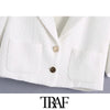 TRAF Women Metal Button Tweed Cropped White Blazer Coat Vintage Short Sleeve Pockets Female Outerwear Chic Tops