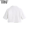TRAF Women Metal Button Tweed Cropped White Blazer Coat Vintage Short Sleeve Pockets Female Outerwear Chic Tops