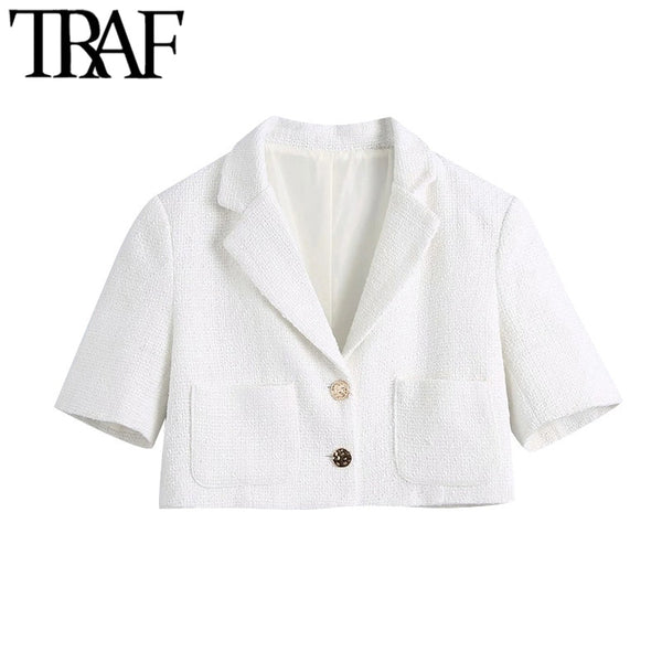 TRAF Women Metal Button Tweed Cropped White Blazer Coat Vintage Short Sleeve Pockets Female Outerwear Chic Tops