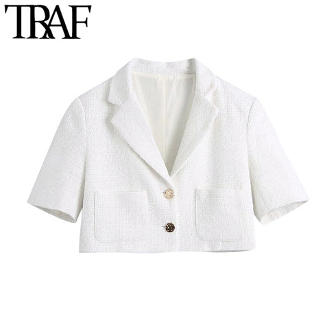 TRAF Women Metal Button Tweed Cropped White Blazer Coat Vintage Short Sleeve Pockets Female Outerwear Chic Tops