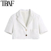 TRAF Women Metal Button Tweed Cropped White Blazer Coat Vintage Short Sleeve Pockets Female Outerwear Chic Tops