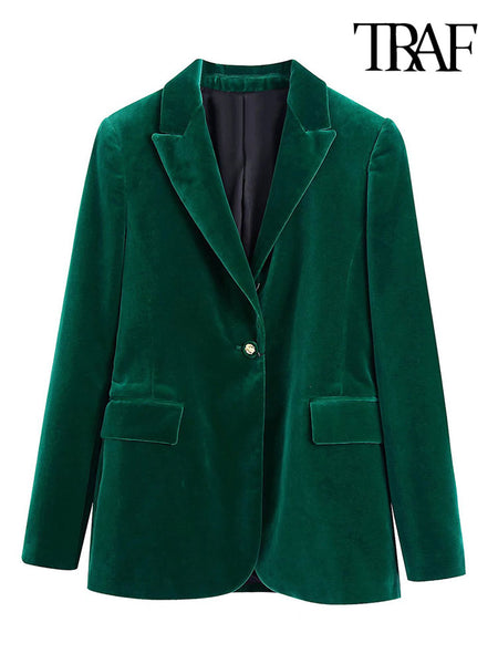 TRAF Women Metal Button Velvet Green Blazer Coat Vintage Long Sleeve Flap Pockets Female Outerwear Chic Veste