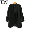 TRAF Women Office Wear Basic Black Blazer Coat Vintage Pleated Sleeve Pockets Female Outerwear Chic Tops