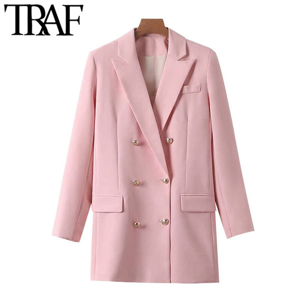 TRAF Women Office Wear Double Breasted Blazers Coat Vintage Long Sleeve Pockets Female Outerwear Chic Tops