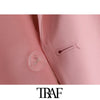TRAF Women Office Wear Double Breasted Blazers Coat Vintage Long Sleeve Pockets Female Outerwear Chic Tops