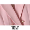 TRAF Women Office Wear Double Breasted Blazers Coat Vintage Long Sleeve Pockets Female Outerwear Chic Tops
