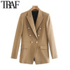 TRAF Women Office Wear Double Breasted Blazers Coat Vintage Long Sleeve Pockets Female Outerwear Chic Tops