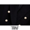 TRAF Women Office Wear Double Breasted Tweed Blazer Coat Vintage Long Sleeve Pockets Female Outerwear Chic Tops