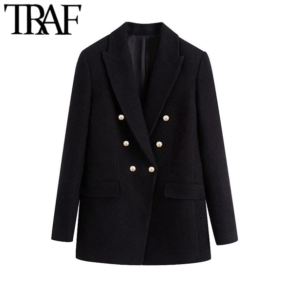 TRAF Women Office Wear Double Breasted Tweed Blazer Coat Vintage Long Sleeve Pockets Female Outerwear Chic Tops