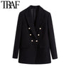 TRAF Women Office Wear Double Breasted Tweed Blazer Coat Vintage Long Sleeve Pockets Female Outerwear Chic Tops