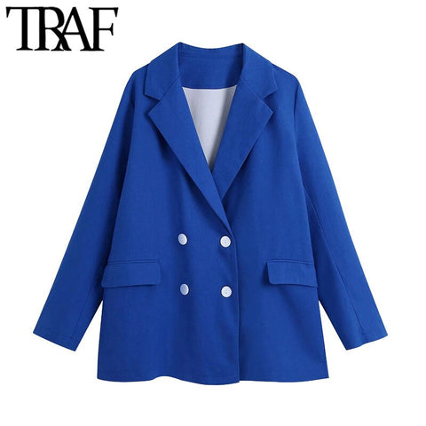 TRAF Women Oversized Double Breasted Blazer Coat Vintage Long Sleeve Flap Pockets Female Outerwear Chic Veste