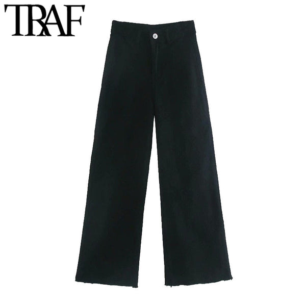 TRAF Women Pockets Frayed Tassel Straight Jeans Vintage High Waist Zipper Fly Denim Female Ankle Trousers Mujer