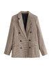 TRAF Women Retro Double Breasted Plaid Blazer Office Lady Long Sleeve Slim OL Blazer Casual Jacket Coat Female