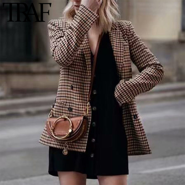 TRAF Women Retro Double Breasted Plaid Blazer Office Lady Long Sleeve Slim OL Blazer Casual Jacket Coat Female