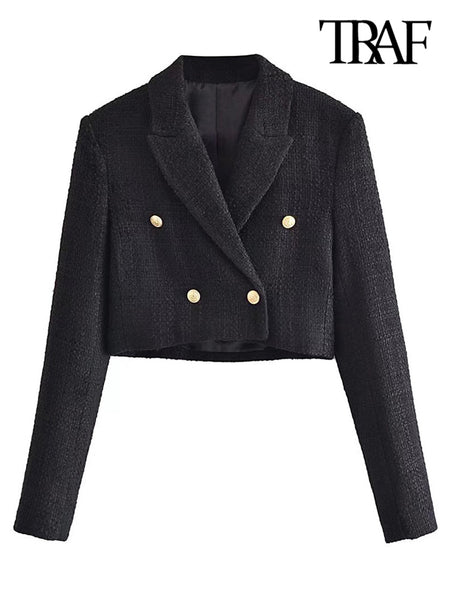 TRAF Women Tweed Cropped Blazer Coat Vintage Long Sleeve Front Buttons Female Outerwear Chic Veste Femme