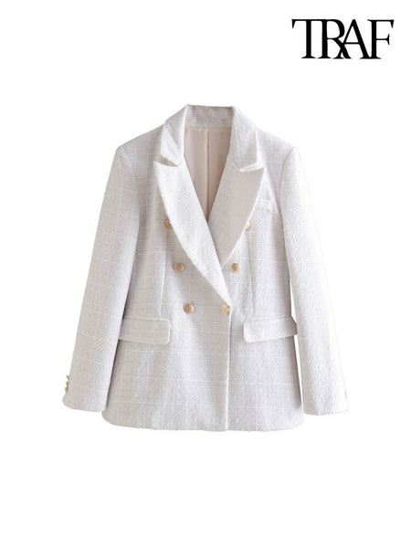 TRAF Women Tweed Double Breasted Blazer Coat Vintage Long Sleeve Flap Pockets Female Outerwear Chic Veste Femme