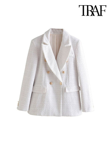 TRAF Women Tweed Double Breasted Blazer Coat Vintage Long Sleeve Flap Pockets Female Outerwear Chic Veste Femme
